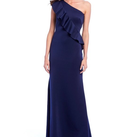 One Shoulder Cascade Flutter Stretch Mermaid Gown - Picture 3 of 4